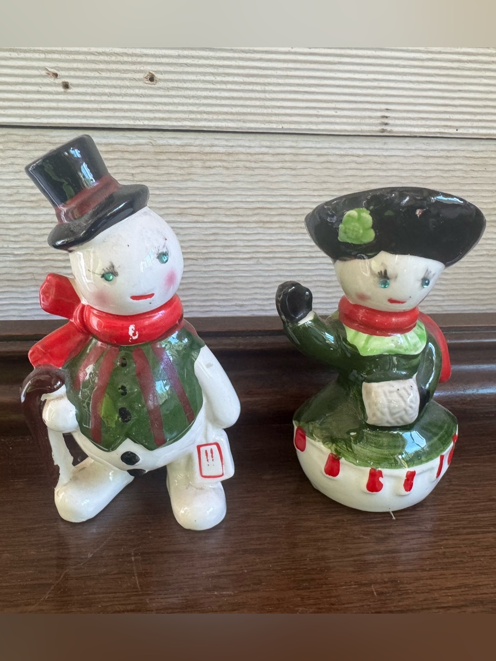 Vintage Kreiss Snowman Mr & Mrs Salt and Pepper Shakers Japan Rhinestone Eyes